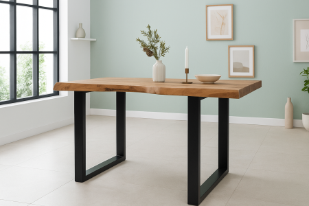 Esstisch Baumkante Akazie massiv 50mm Natur 140 x 80 cm U-Gestell schwarz CALI