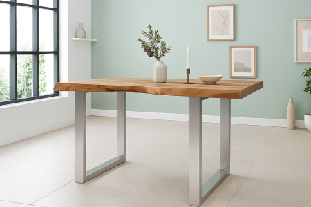 Esstisch Baumkante Akazie massiv 50mm Natur 140 x 80 cm U-Gestell silber CALI