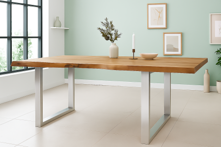 Esstisch Baumkante Akazie massiv 50mm Natur 220 x 100 cm U-Gestell silber CALI