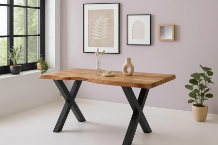 Esstisch Baumkante Akazie massiv 50mm Natur 140 x 80 cm X-Gestell schwarz CALI