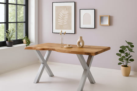 Esstisch Baumkante Akazie massiv 50mm Natur 140 x 80 cm X-Gestell silber CALI