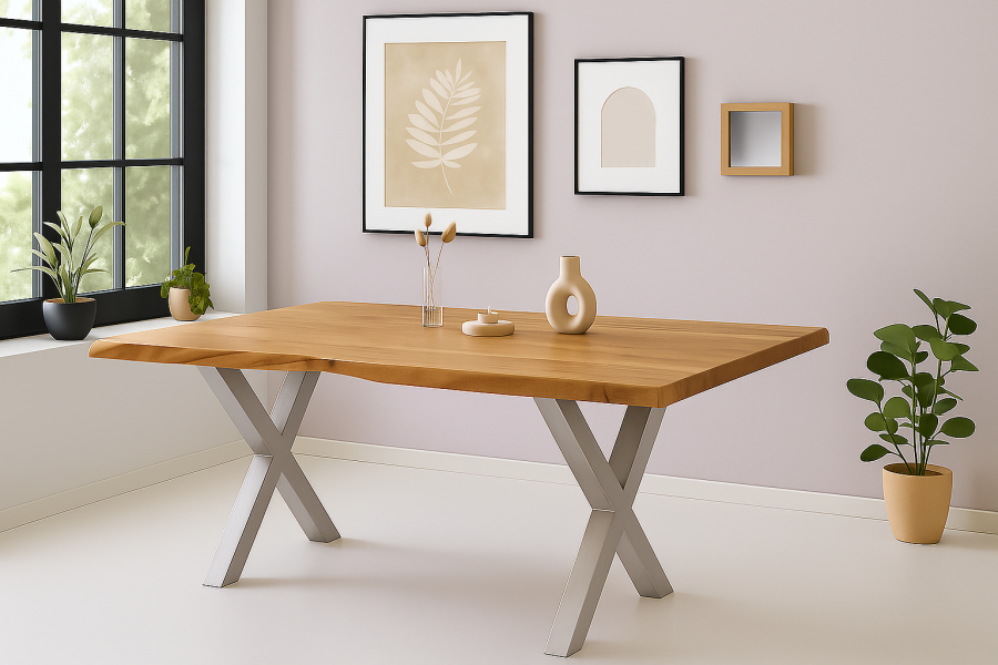 SAM_NEU-Esszimmer-Baumkante-Tische-Cali_aufgedoppelt-X_Gestell-BKT-natur-silber-220-BKT_Cali_01-1