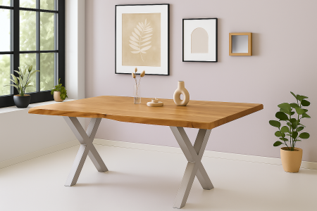 Esstisch Baumkante Akazie massiv 50mm Natur 220 x 100 cm X-Gestell silber CALI