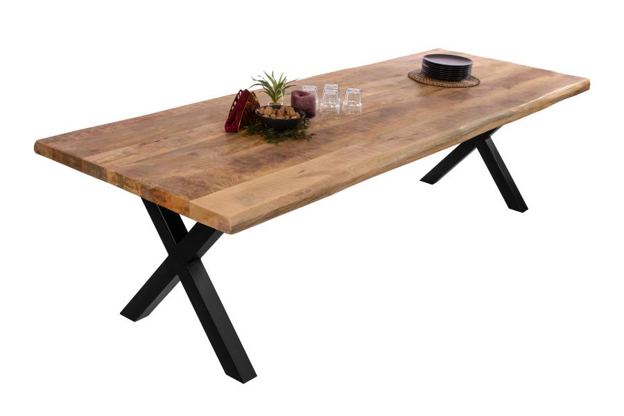 SAM_NEU-Esszimmer-Baumkante-Tische-Cali_aufgedoppelt-X_Gestell-mango-schwarz-240-BKT_Cali_mango_rough_02-1
