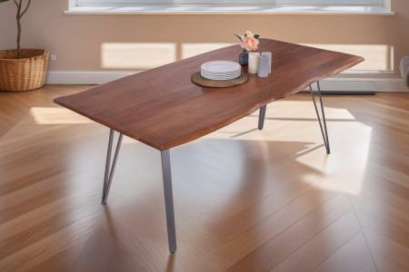 Esstisch Baumkante massiv Akazie nussbaum 200 x 100 cm Metallgestell silber CELIA