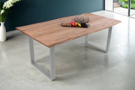 Esstisch Baumkante Akazie massiv eichenfarben 300 x 100 cm U-Gestell silber DEREK