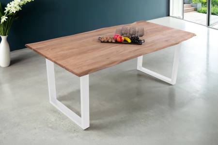 Esstisch Baumkante Akazie massiv eichenfarben 300 x 100 cm U-Gestell weiß DEREK