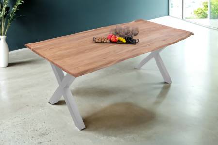 Esstisch Baumkante Akazie massiv eichenfarben 300 x 100 cm X-Gestell silber DEREK