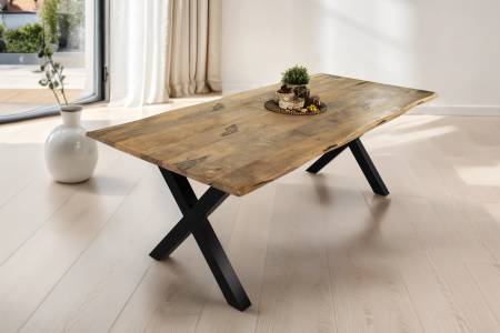 Baumkantentisch Mangoholz Esstisch Vintage-Optik 240 x 100 cm X-Gestell schwarz TIGER