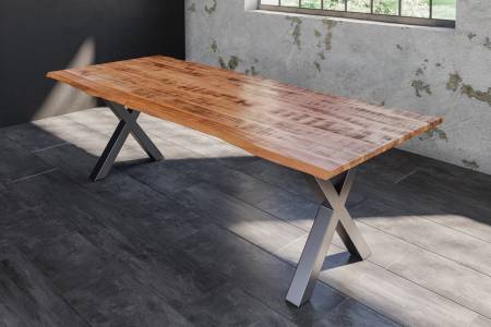 Baumkantentisch Esstisch Mangoholz massiv X-Gestell silber 200 x 100 cm DORA
