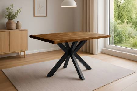 Esstisch Baumkante 140 x 80 cm Akazie massiv Honig Spider-Gestell schwarz HARLEY