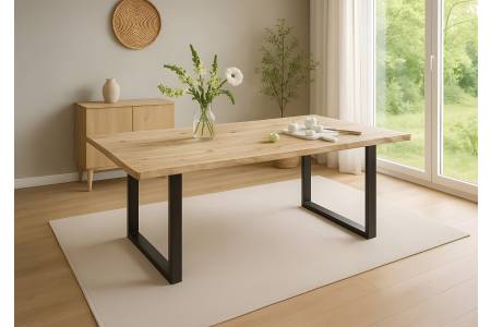 Esstisch Baumkante 180 x 90 cm Akazie massiv Natur lackiert U-Gestell schwarz HARLEY