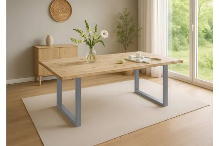 Esstisch Baumkante 140 x 80 cm Akazie massiv Natur lackiert U-Gestell silber HARLEY