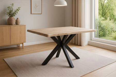 Esstisch Baumkante 140 x 80 cm Akazie massiv Natur lackiert Spider-Gestell schwarz HARLEY