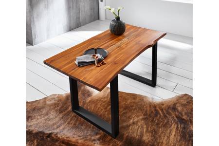 Esstisch Baumkante 140 x 80 cm Akazie cognac massiv U-Gestell schwarz ESRA
