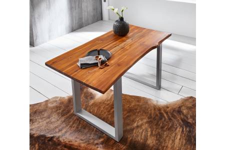 Esstisch Baumkante 140 x 80 cm Akazie cognac massiv U-Gestell silber ESRA