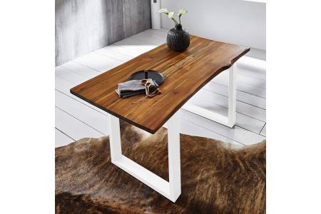 Esstisch Baumkante 140 x 80 cm Akazie cognac massiv U-Gestell weiß ESRA