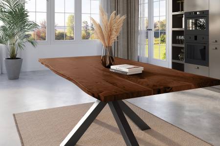 Esstisch Baumkante 180 x 90 cm Akazie nussbaum massiv Spider-Gestell schwarz KALEA
