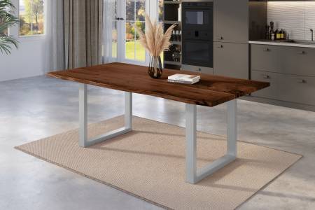 Esstisch Baumkante 200 x 100 cm Akazie nussbaum massiv U-Gestell silber NICK