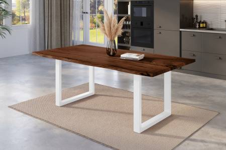 Esstisch Baumkante 200 x 100 cm Akazie nussbaum massiv U-Gestell weiß NICK