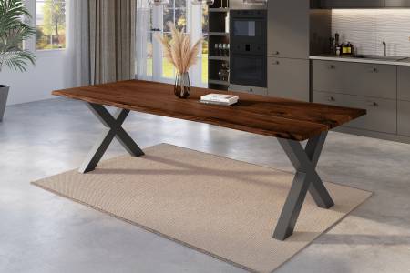 Esstisch Baumkante 300 x 100 cm Akazie nussbaum massiv X-Gestell schwarz NICK