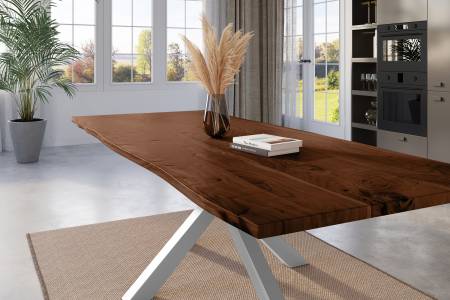 Esstisch Baumkante 260 x 100 cm Akazie nussbaum massiv Spider-Gestell silber KALEA