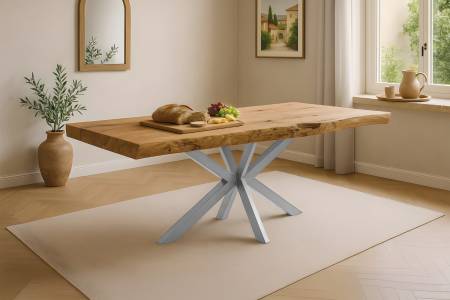 Esstisch Baumkante 300 x 100 cm Teakholz massiv Spider-Gestell silber KINAN