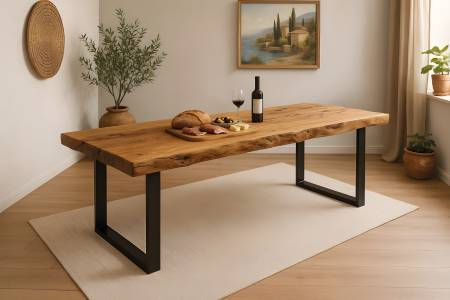 Esstisch Baumkante 300 x 100 cm Teakholz massiv U-Gestell schwarz KINAN