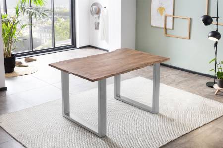 Esstisch Baumkante massiv 140 x 80 cm Akazie stone U-Gestell silber LAURINA