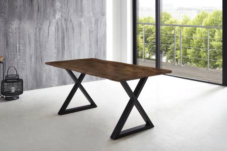 Esstisch Baumkante massiv Akazie nussbaum 200 x 100 X-Gestell schwarz LUBIN