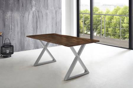 Esstisch Baumkante massiv Akazie nussbaum 200 x 100 X-Gestell silber LUBIN