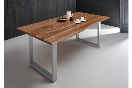 Esstisch Baumkante massiv Akazie natur 140 x 80 U-Gestell silber MILO
