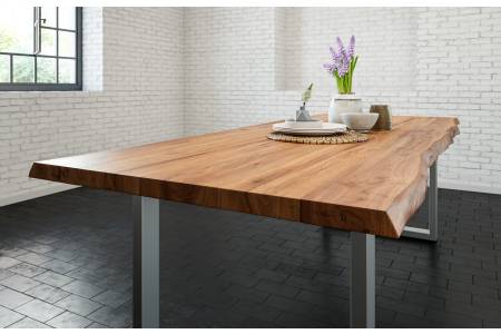 Esstisch Baumkante massiv Akazie natur 300 x 100 cm U-Gestell silber LIAM