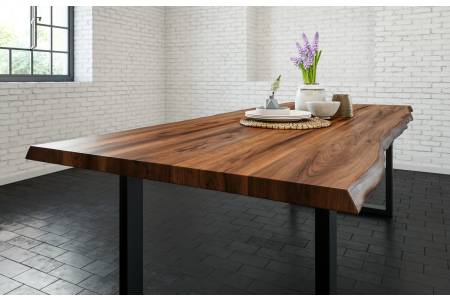 Esstisch Baumkante massiv Akazie nussbaum 300 x 100 cm U-Gestell schwarz LIAM