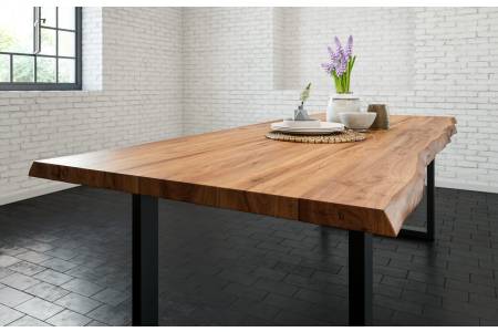 Esstisch Baumkante massiv Akazie natur 320 x 100 cm U-Gestell silber LIAM