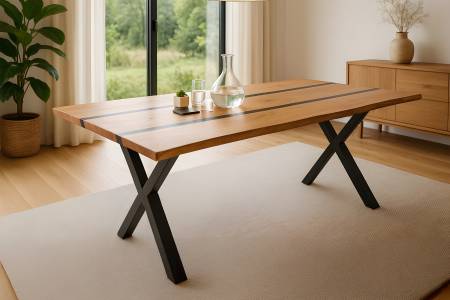 Baumkantentisch 240 x 100 cm Akazie natur Epoxidharz-River in Schwarz X-Gestell schwarz PEDRO