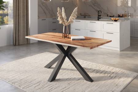 Baumkantentisch Akazie natur mit schwarzen Resin-Adern 120 x 80 Spider-Gestell schwarz POLLY