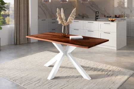 Baumkantentisch Akazie nussbaum mit schwarzen Resin-Adern 120 x 80 Spider-Gestell weiß POLLY