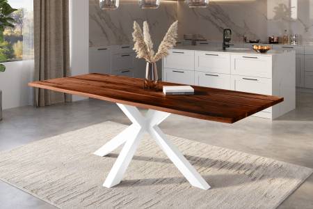 Baumkantentisch Akazie nussbaum mit schwarzen Resin-Adern 300 x 100 cm Spider-Gestell weiß POLLY