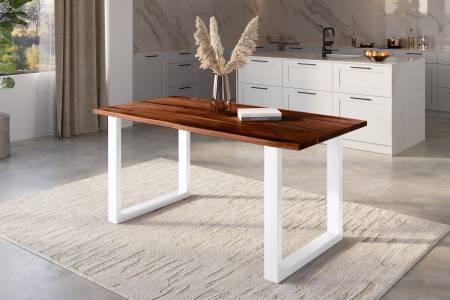 Baumkantentisch Akazie nussbaum mit schwarzen Resin-Adern 120 x 80 U-Gestell weiß POLLY