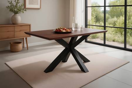 Esstisch 140x80 cm Akazie massiv kastaniefarben Schweizer Kante Spider-Gestell schwarz RITA