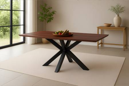 Esstisch 160x85 cm Akazie massiv kastaniefarben Schweizer Kante Spider-Gestell schwarz RITA