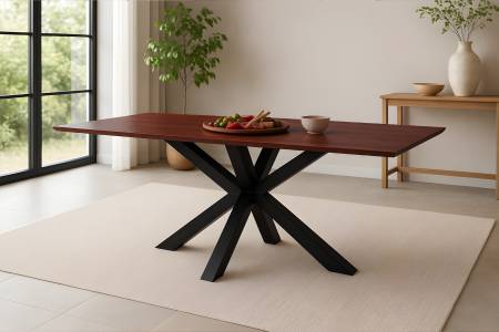 Esstisch 180x90 cm Akazie massiv kastaniefarben Schweizer Kante Spider-Gestell schwarz RITA