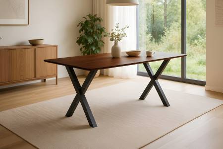 Esstisch 180 x 90 cm Akazie kastanienfarbig Schweizer Kante & abgerundete Ecken X-Gestell schwarz ROBERTO