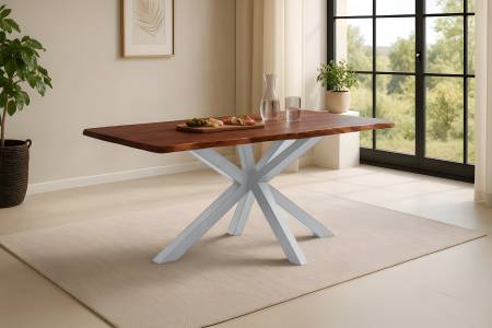 Esstisch Baumkante massiv Akazie kastaniefarben 180 x 90 cm Spider-Gestell silber ROXANA