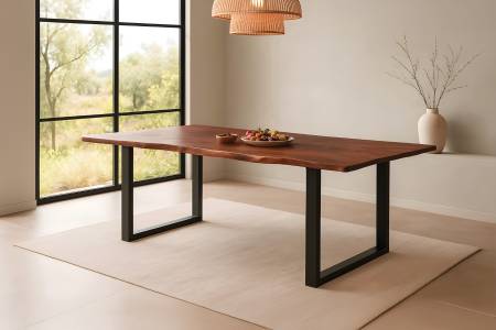 Esstisch Baumkante massiv Akazie kastaniefarben 200 x 100 cm U-Gestell schwarz ROXANA