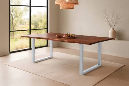 Esstisch Baumkante massiv Akazie kastaniefarben 200 x 100 cm U-Gestell silber ROXANA