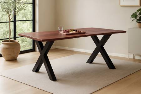 Esstisch Baumkante massiv Akazie kastaniefarben 180 x 90 cm X-Gestell schwarz ROXANA