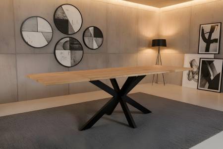 Esstisch 120(200)x80 cm mit Ansteckplatten Baumkante Wildeiche massiv Spider-Gestell schwarz SERRA