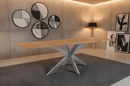 Esstisch 120(200)x80 cm mit Ansteckplatten Baumkante Wildeiche massiv Spider-Gestell silber SERRA